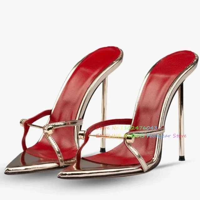 

Gold Patent Leather Metallic Heel Slippers Women Sexy Pointed Toe Gold Metal Studed Stiletto Heel Slingback Outside Dress Pumps