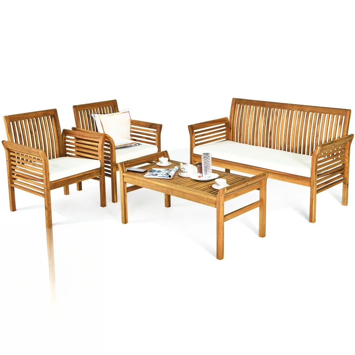 

5 Piece Outdoor Acacia Wood Sofa Set with Wood Oil, Padded Patio Conversation Table Chair Set w/Coffee Table , Customized