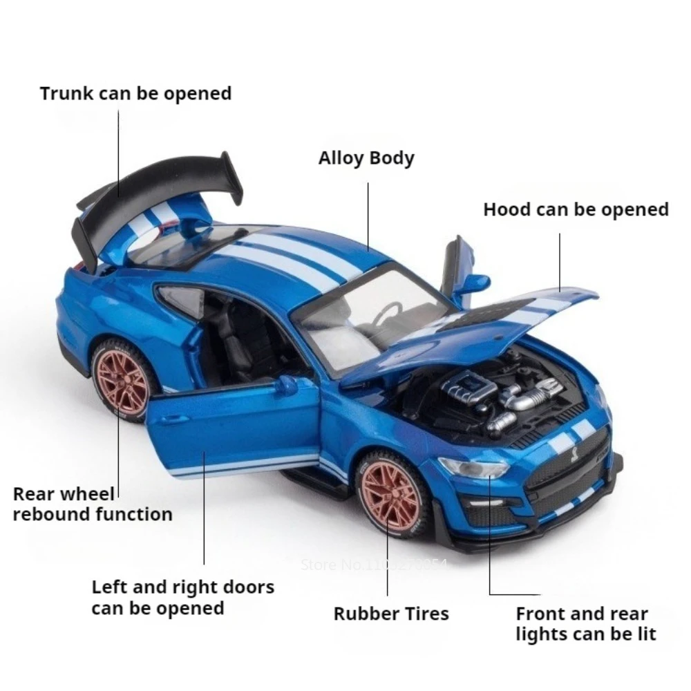 1:32 Mustang Shelby GT500 Viper Miniature Car Diecast Alloy Model Toys Sound Light Pull Back Doors Opened Vehice Home Decoration