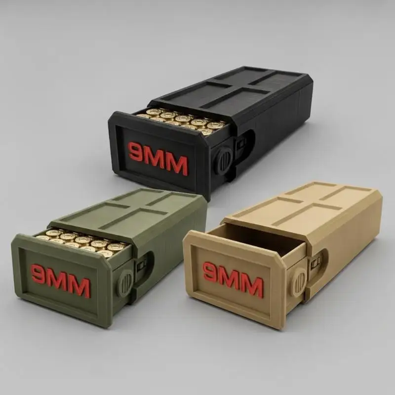3D Printed Compact 9mm Ammunition Box 50-Round Drawer with Side Lock Portable Storage Case for Travel Hunting Shooting Range