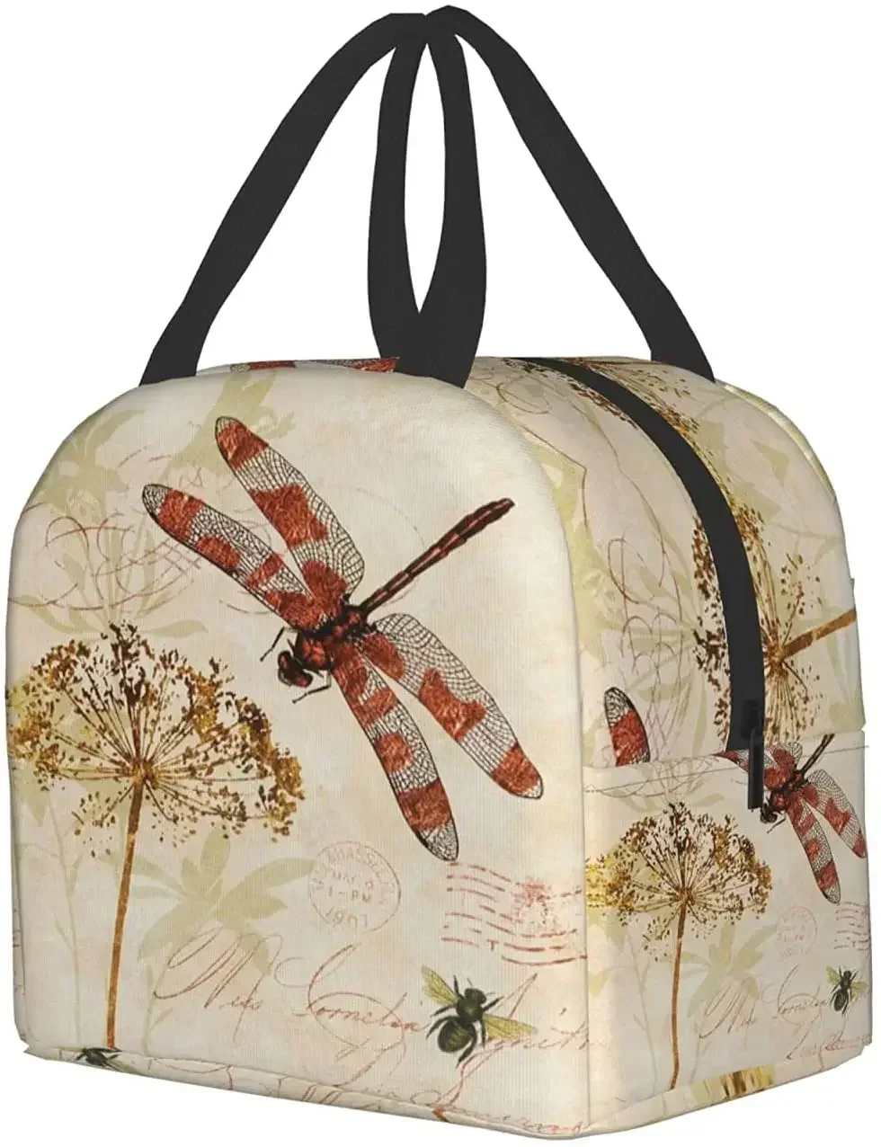 Vintage Leave Dragonfly Insulated Lunch Bag Leakproof Cooler Kids Lunch Box for Men Women Girls Boys Reusable Thermal Tote Bag