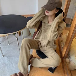 Women Two Piece Pant Sets Knit Sweater Button Turn Down Collar Pullover Solid High Waist Long Pants Elegant Loose Lady Autumn