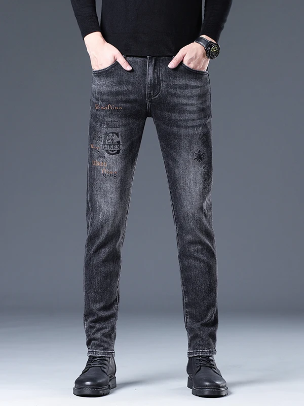 

Мужские джинсы премиум-класса с вышивкой, зауженные, повседневные, весенне-осенние, эластичные, длинные брюки, дышащие джинсы из денима для отдыха