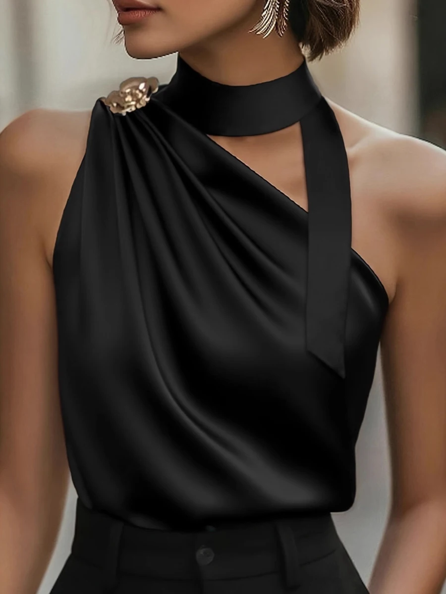 

Modigirl Women Black Satin Sleeveless Asymmetric Collar Tank Top Loose Fit Solid Color Metal Decor Elegant Office Party Blouse