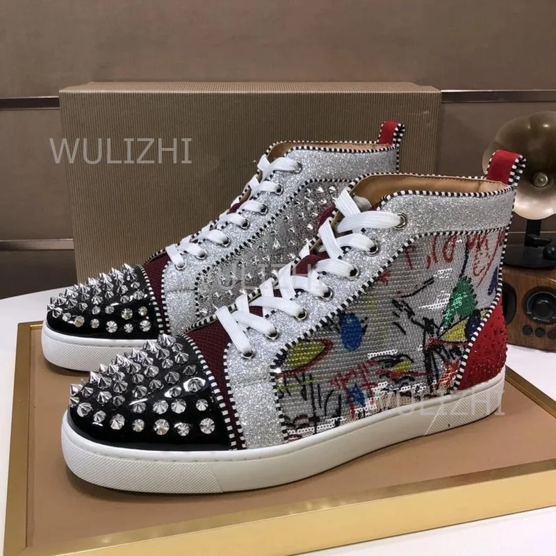 Colorful Sequins Graffiti Red Couple Sneakers Summer Sports Black Rivet Lace-Up Men Fringe Casual Flat Shoes Ankle Bling Shoes