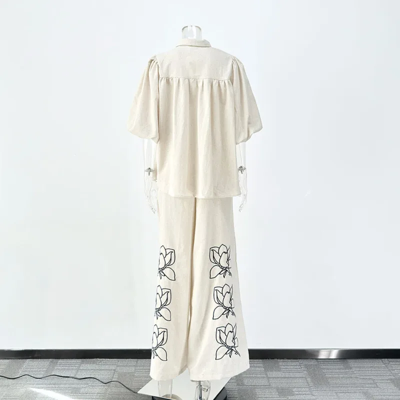 EAEOVNI الأزهار التطريز المرأة موضة 2 قطعة مجموعة قصيرة الأكمام بلوزة + بنطال واسع الساق عادية 2025 ملابس جديدة 1A495 #6