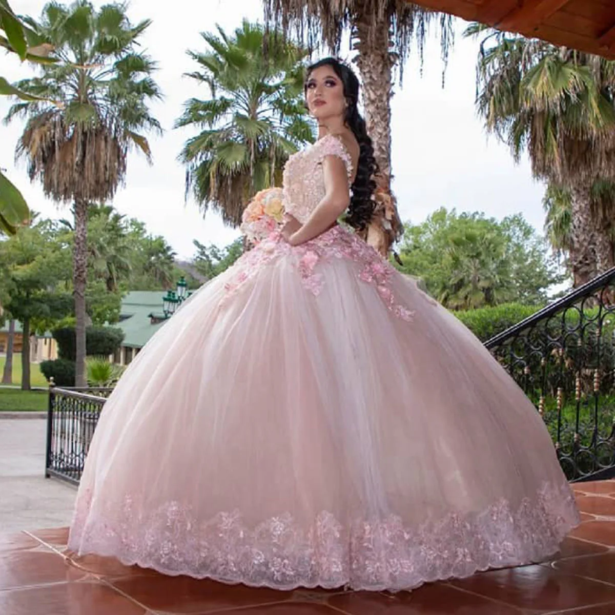 Vestido de renda com capa, Vestido de baile, Flores 3D, Doce 16 vestidos, Rosa, Formal, 15 anos, 2024