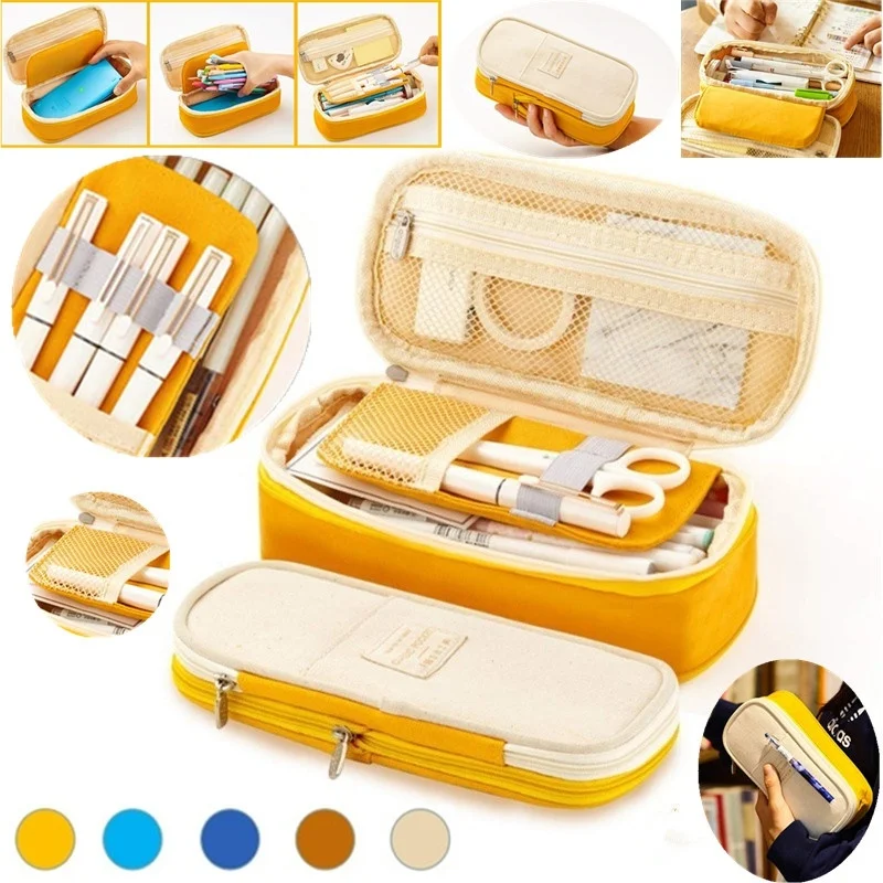 Multifunctional Cosmetic Bag Macaroon Big Capacity Double-layer Canvas Pencil Case Travel Storage Pouch School Supplies