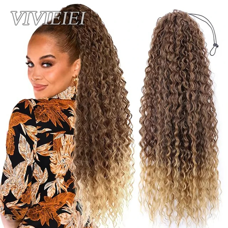 Long Wavy Curly Ponytail Synthetic Drawstring Ponytail Hairpiece Wrap on Clip Hair Extensions Deep Wave Pony Tail Braid Hair