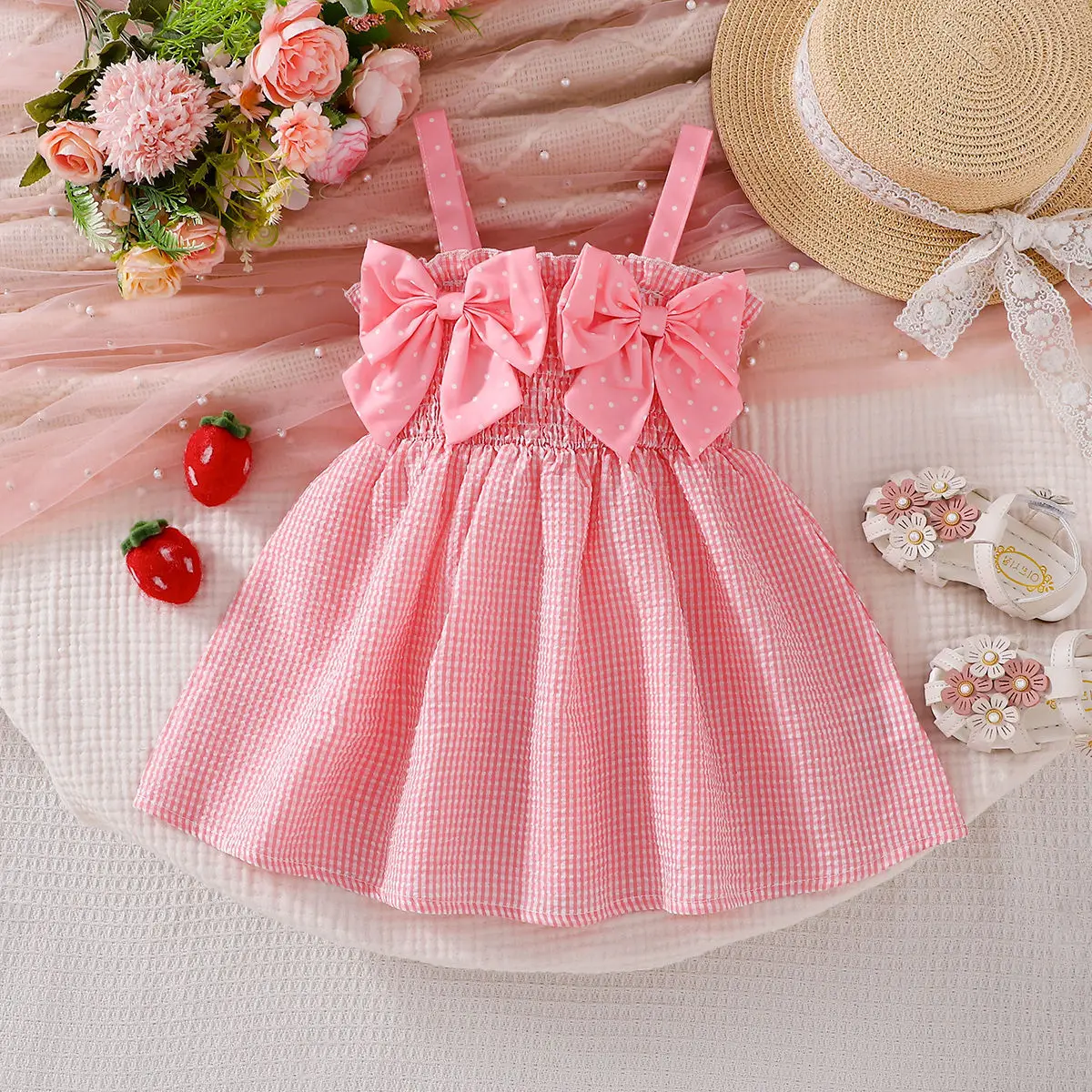 

Baby Girl Pink Plaid Sweet Bow Suspender Dress Summer Birthday Party Dress Toddler Kids Outfits 0 To 3 Years Children Clothes