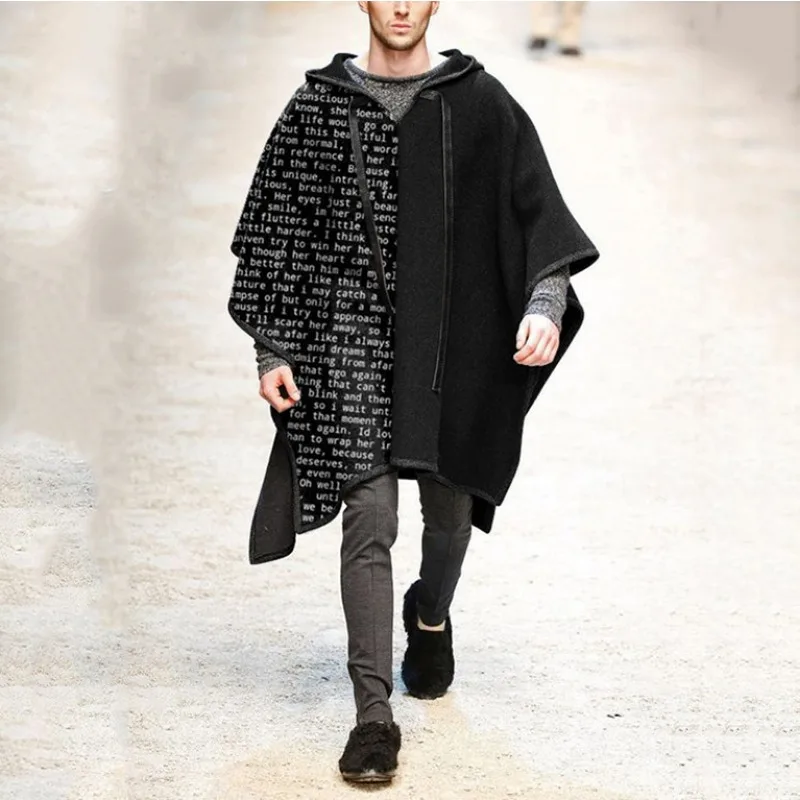 2024 Fashion Mens Cloak Coats Hooded Solid Color Cape Streetwear Poncho V Neck Loose Wool Coat Irregular Men Long Trench Black