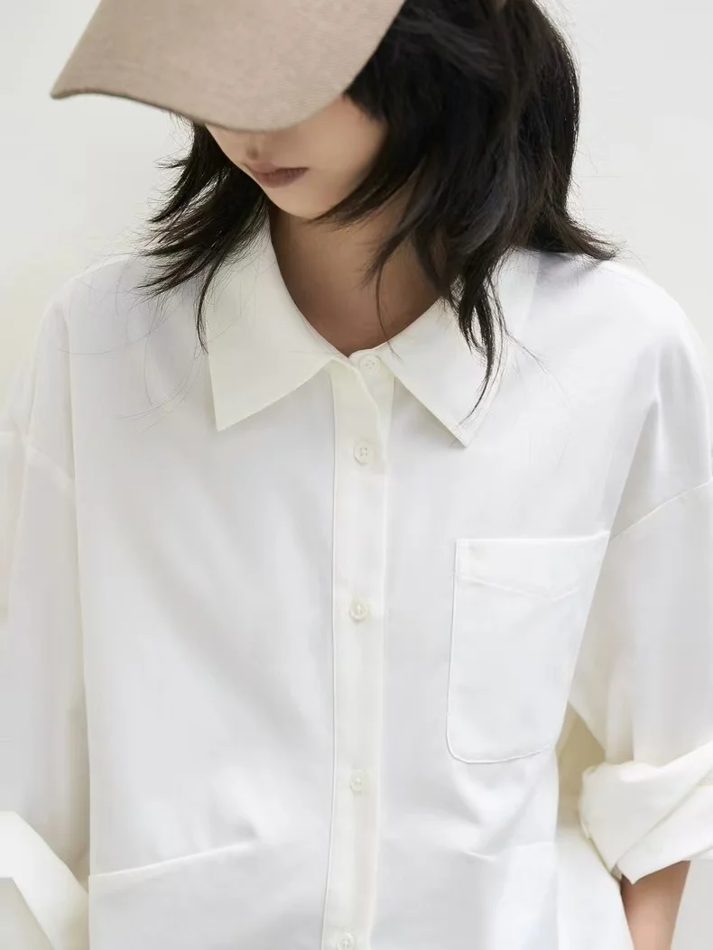 

Peruvian Cotton Seei Women's irt oulder Drop Design Stand Collar Split Stitching Casual Loose Fit Long Sve Top