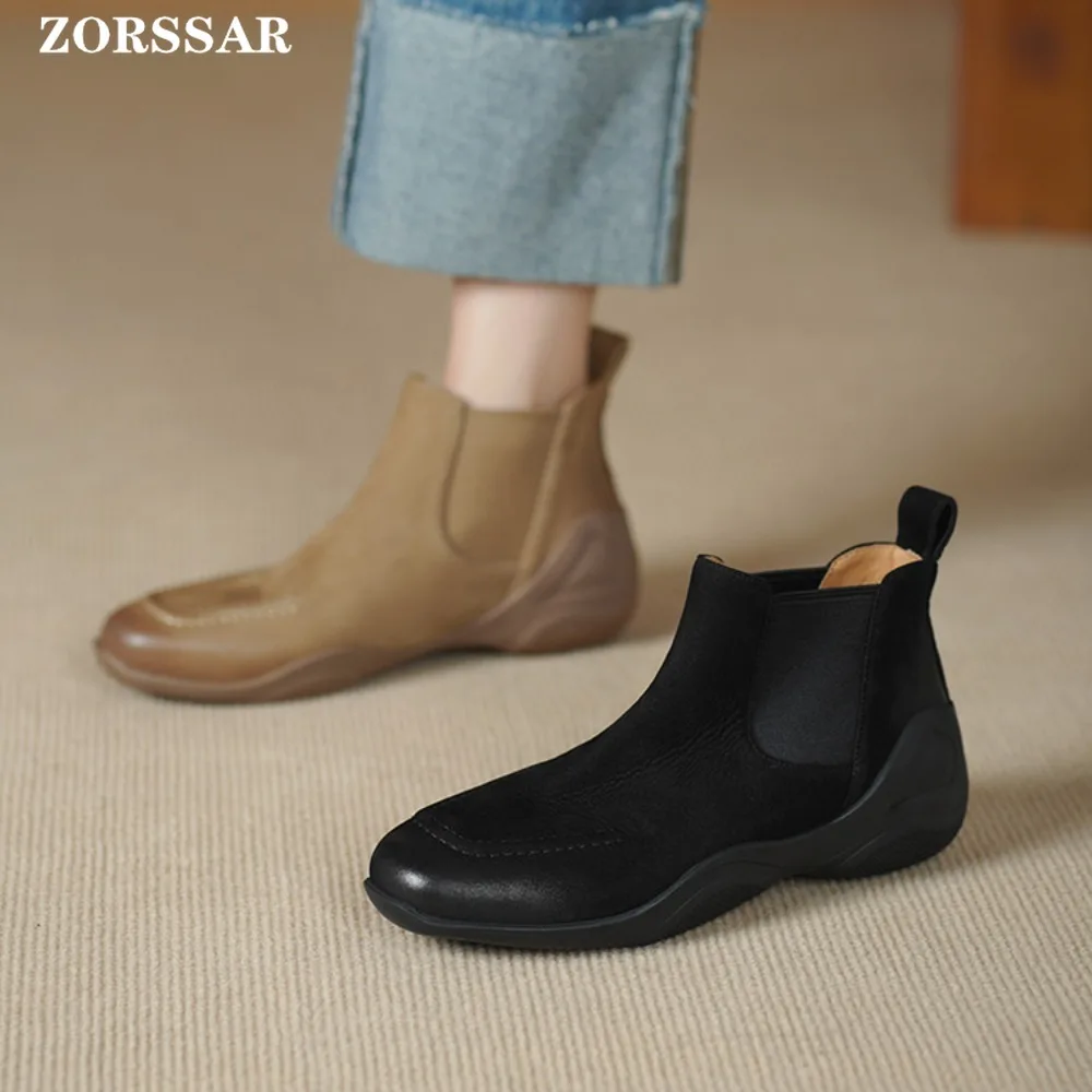 Women Genuine Leather Short Boots Round Toe Genuine Leather Handmade Retro Street Style Winter Warm Flats Ankle Boots