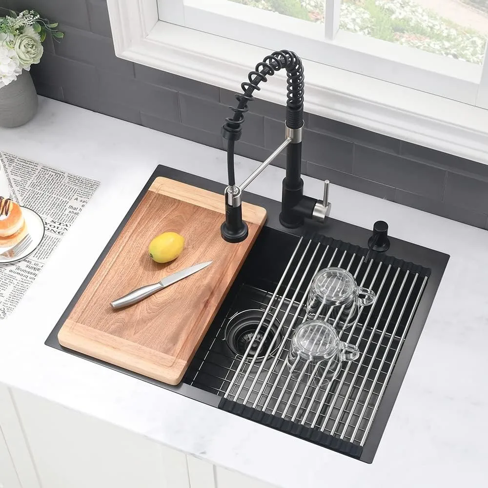 وعاء مطبخ فردي عميق 25 × 22 بوصة من الفولاذ المقاوم للصدأ باللون الأسود في 16 مقياسًا، سعة كبيرة، تصميم عصري