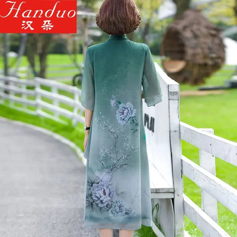 2024New Middle-Aged Mom Summer Fashion Dresse Cover The Meat High-End Western Style Middle-Aged Elderly Chiffon Mid-Length Skirt