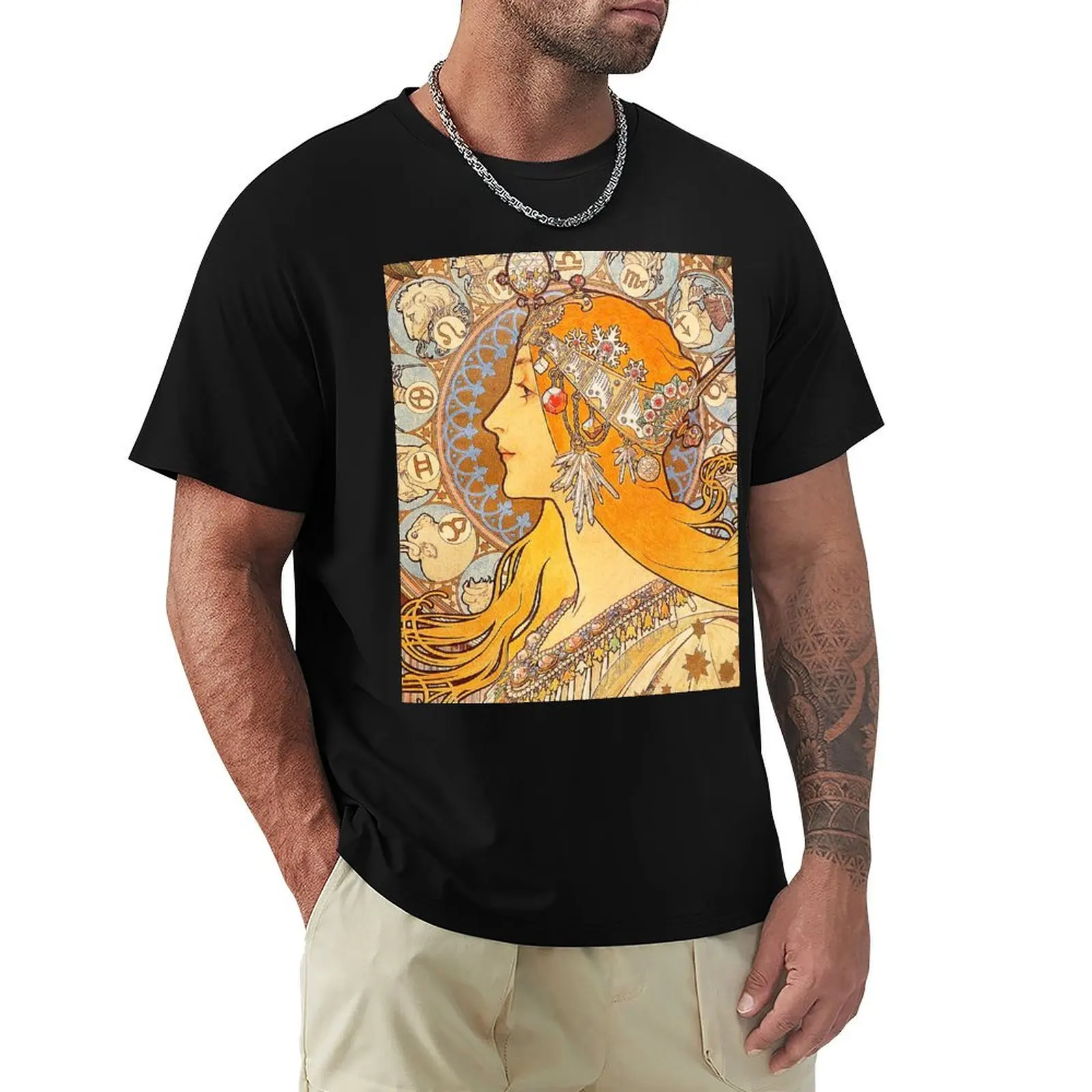 Zodiac (1896) by Alphonse Maria Mucha T-Shirt Plus Size Loose Short Sleeve Top