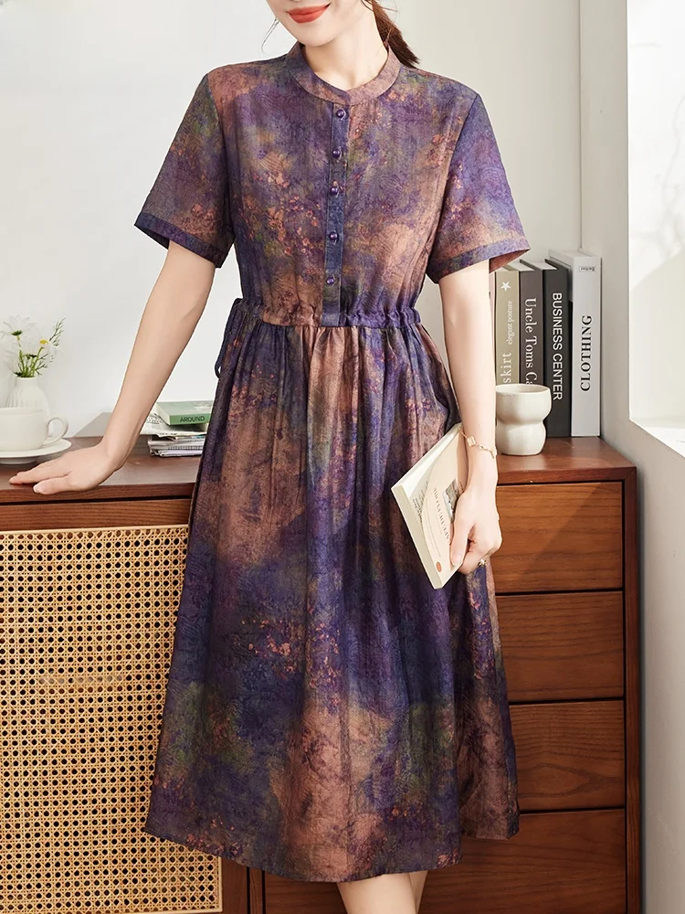 

Летнее хлопково-льняное платье для женщин среднего возраста, модное, свободного кроя, с круглым вырезом, с винтажным узором, с коротким рукавом.