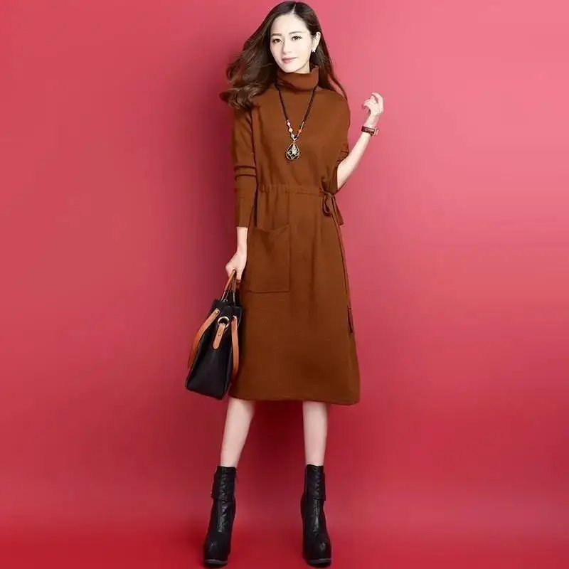 Women Autumn and Winter Korean Style New Turtleneck Pullover Solid Color Bow Tighten Your Waist Appears Thin Long Sleeves Dress