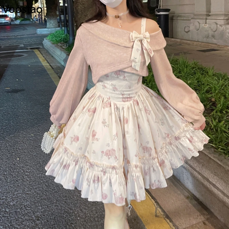 Conjunto de vestido de 2 peças estilo doce Lolita para mulheres, casaco rosa com malha, mini vestido floral kawaii, moda coreana feminina, terno de