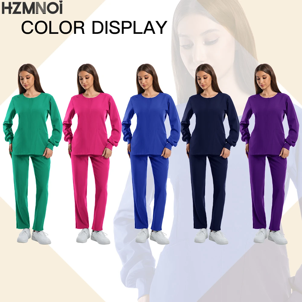 Effen kleur elastische stof lange mouwen scrubs tops scrub broek jogger tandheelkundige apotheek laboratorium operatiekamer werkuniform