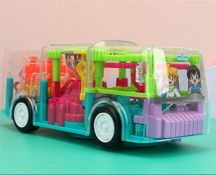 Electric Bus Vehicle Universal Transparent Rotating Body Gear Simulation Bus Music Light Bus Children's Car Toys