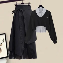 Women's Autumn Winter New Retro Knitted Sweater Matching Set Korean Elegant Short Pullover+POLO Vest+black Dress 3-piece Suit