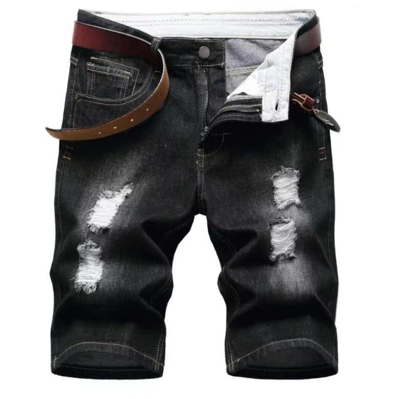 Denim Pant Men Jeans Vintage Straight Pants High Waist Distressed Hole Knee Length Trousers Y2k Streetwear Casual 2026 Spring