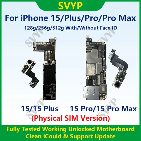 Carte mère authentique entièrement testée pour iPhone 15 Pro Max, avec identification faciale, déverrouillée et nettoyée, Version SIM iCloud Pysics