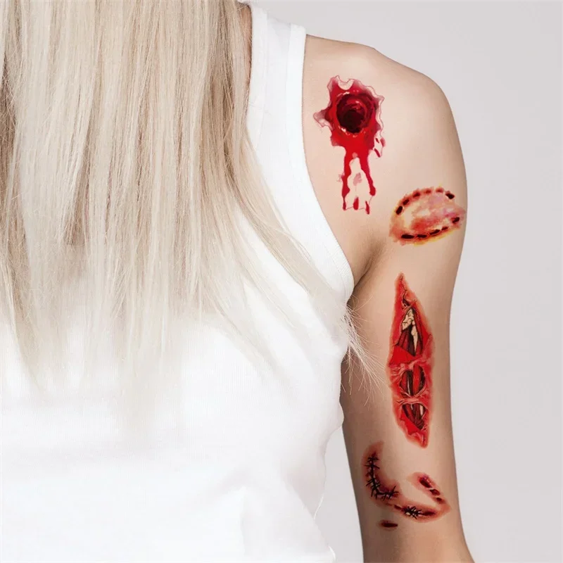 10 Sheets Halloween Terror Wound Temporary Tattoo Waterproof Realistic Blood Tattoos Injury Scar Tattoo Stickers For Face Hands