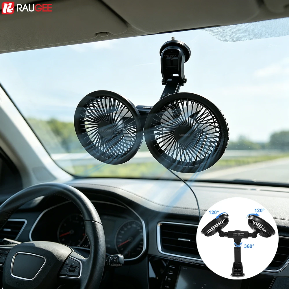 USB Car Fan Portable Dual Head Car Fan with Suction Cup 360° Rotatable USB Powered Car Cooling Fan for Car Windshield Dashboard