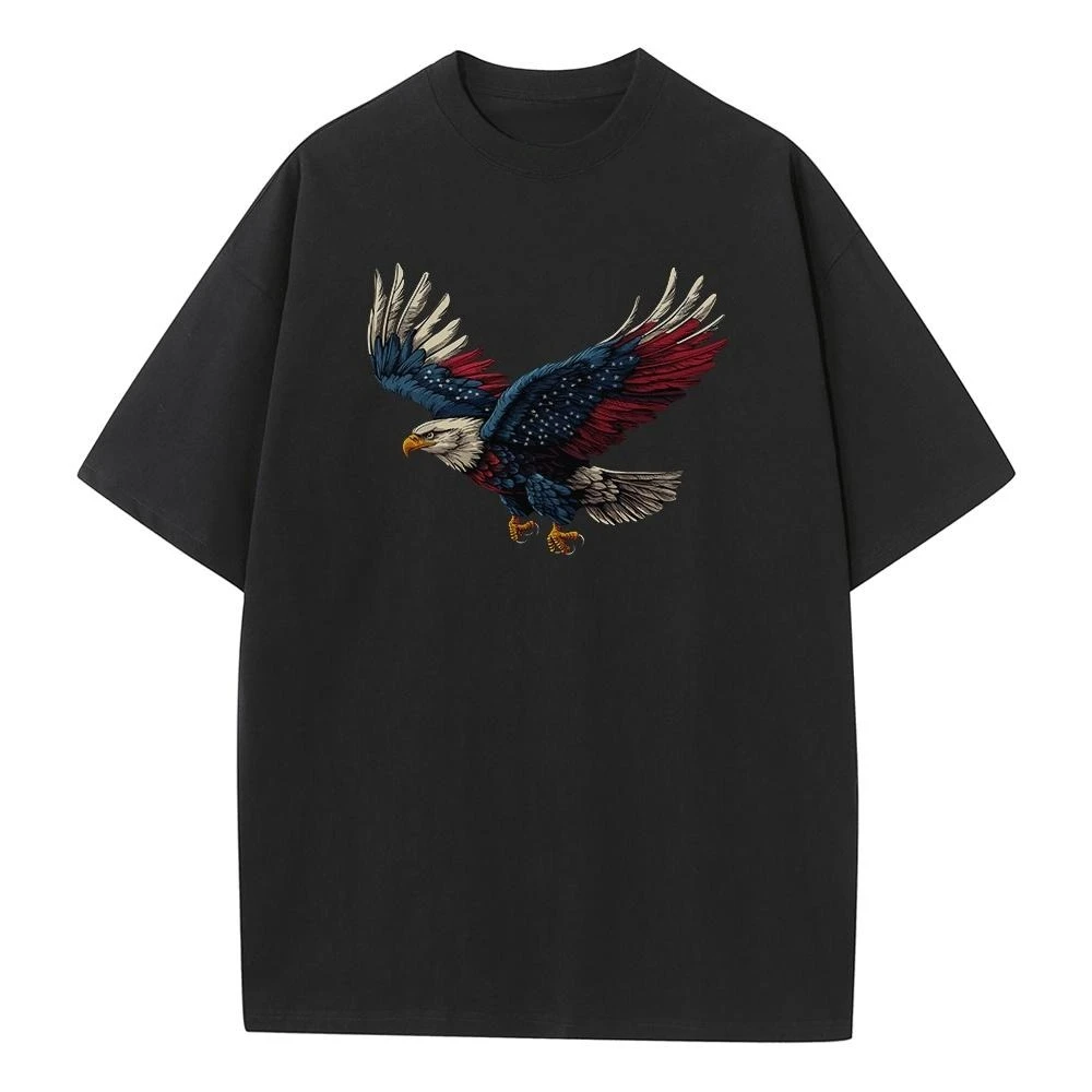 

2025 Summer Pure Cotton Unisex Off-the-shoulder Loose T-shirt Eagle Flag Style Flat T-shirt Breathable Printing Casual Versatile