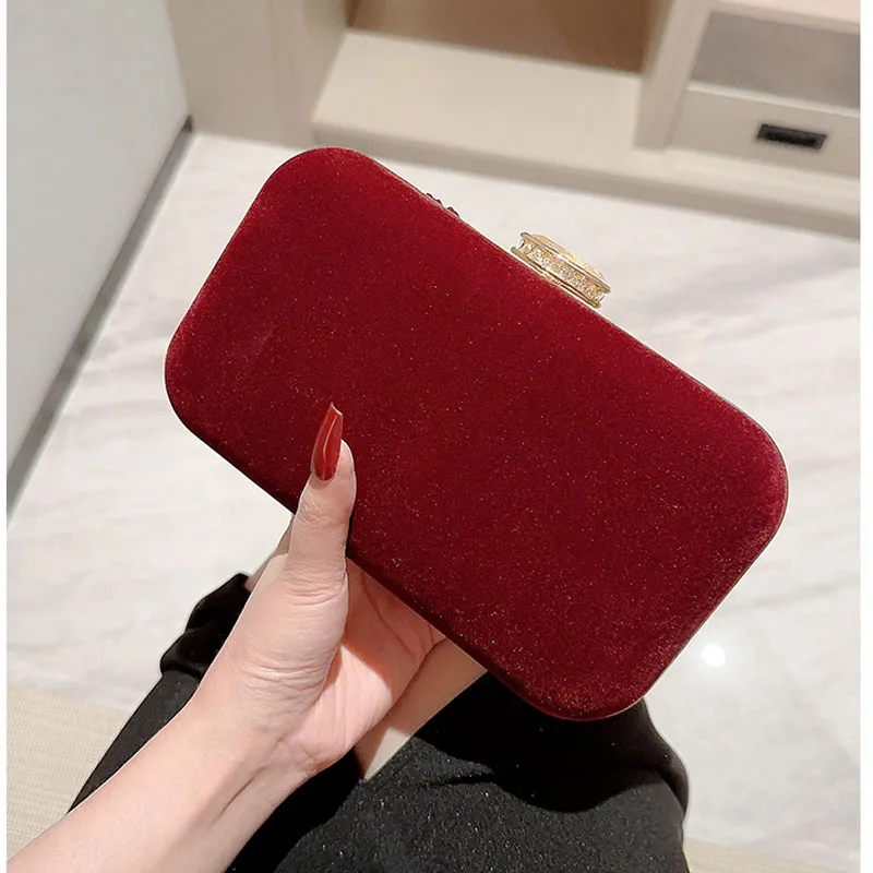 Wine Red Rhinestone Evening Bags For Women Fashion Velvet Cloth Clutches Ladies Handbags Wedding Party Purses