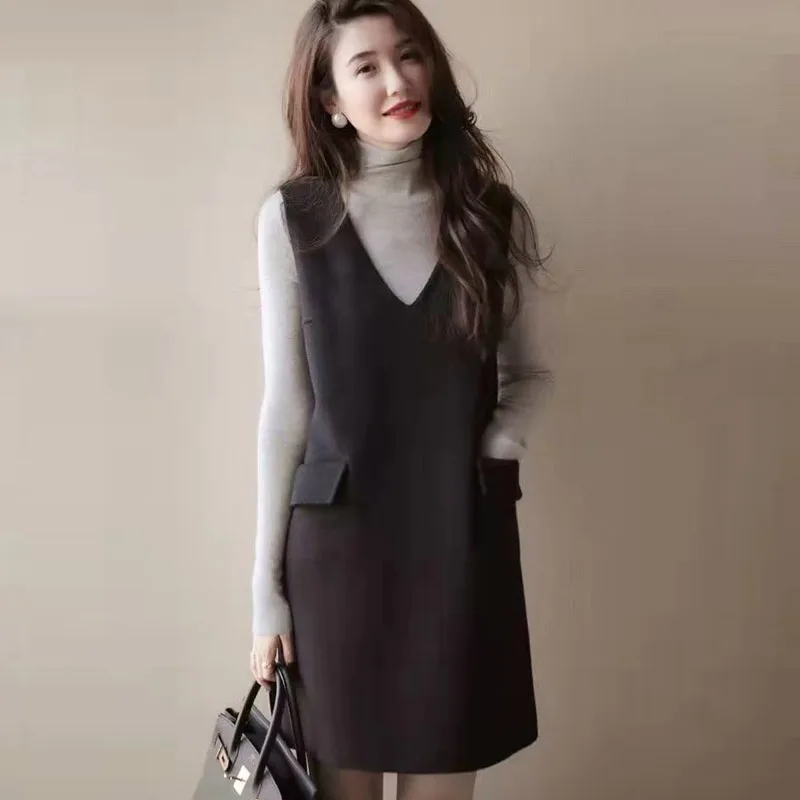 

Autumn Winter Woolen Vest Dr Profional Svel Base Layer Skirt Ele Commute Pure Color Polyester Wool V-ne Mid...