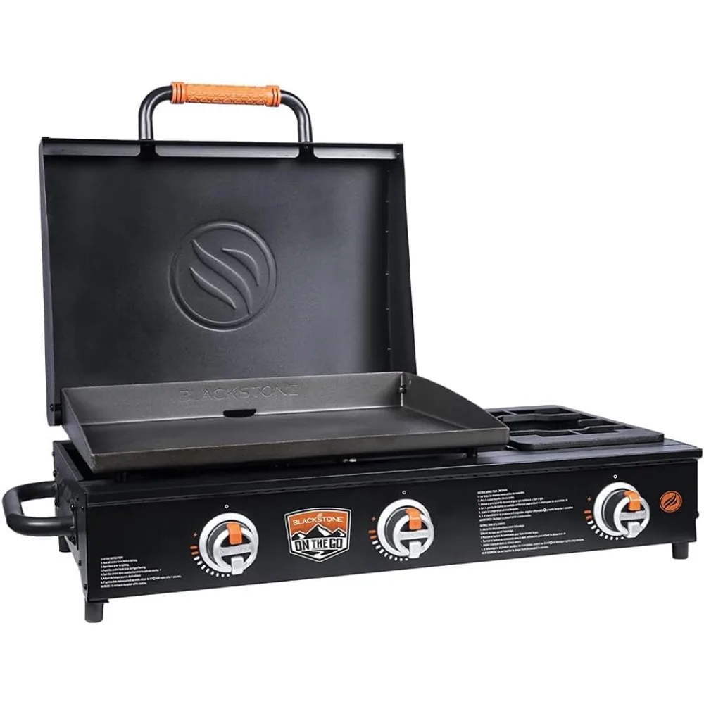 

Portable Heavy-Duty Flat Top BBQ Griddle with Hood and Handles - Blackstone 1860 Kitchen and Camping Grill Station