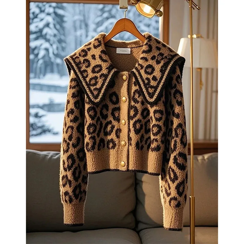 High End Retro Leopard Print Sweater Jacket For Women 2025 Spring Autumn Winter Thick Navy Collar Soft Knitted Cardigan Coat Top