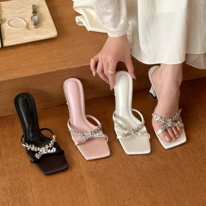 

Square Toe Rhinestone Stiletto Sandals and Slippers Women's 2026 Spring and Summer New French High Heels