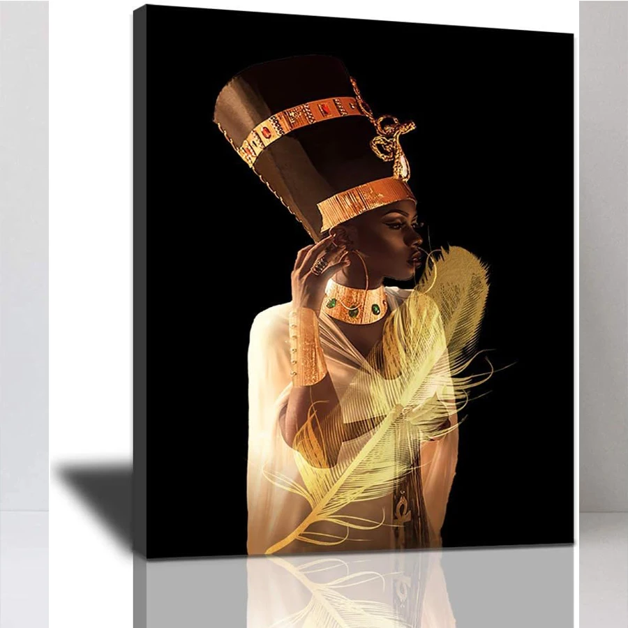 African American wall art, canvas painting, black and gold female portraits, abstract gold earrings, necklaces, posters