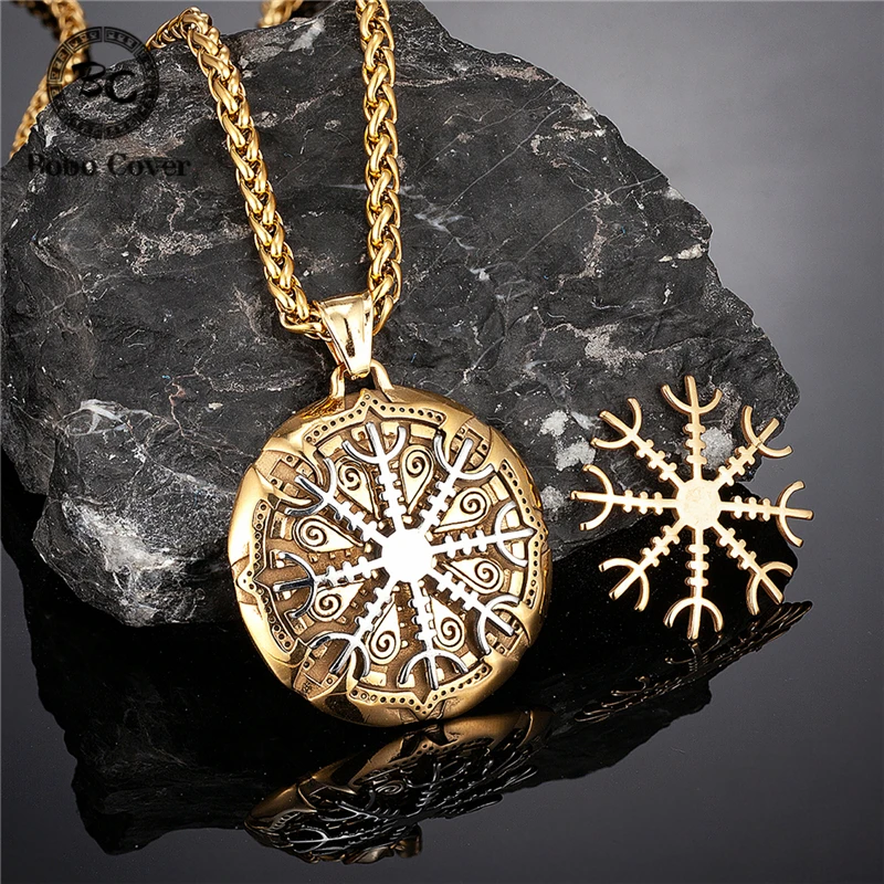 Mix Gold Norse Runes Compass Necklaces Set Replaceable 2 Color Stainless Steel Viking Pendant Mens Amulet Male Icelandic Jewelry