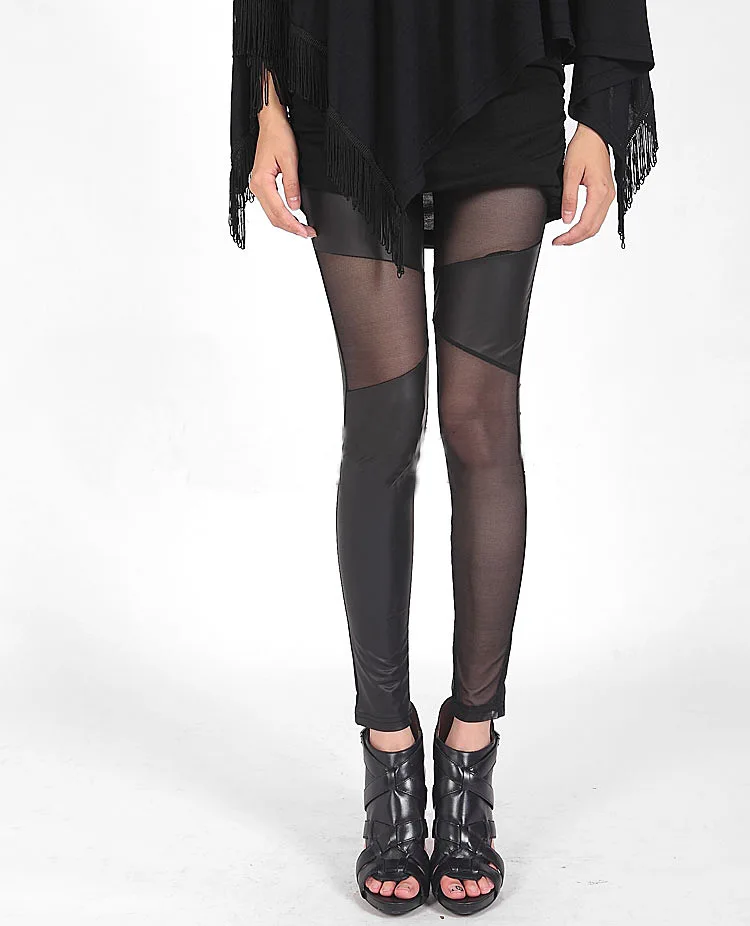 Spring New Fashion Temperament Sexy Mesh Stitching Leggings Leather Mesh Irregular Stitching Pants.