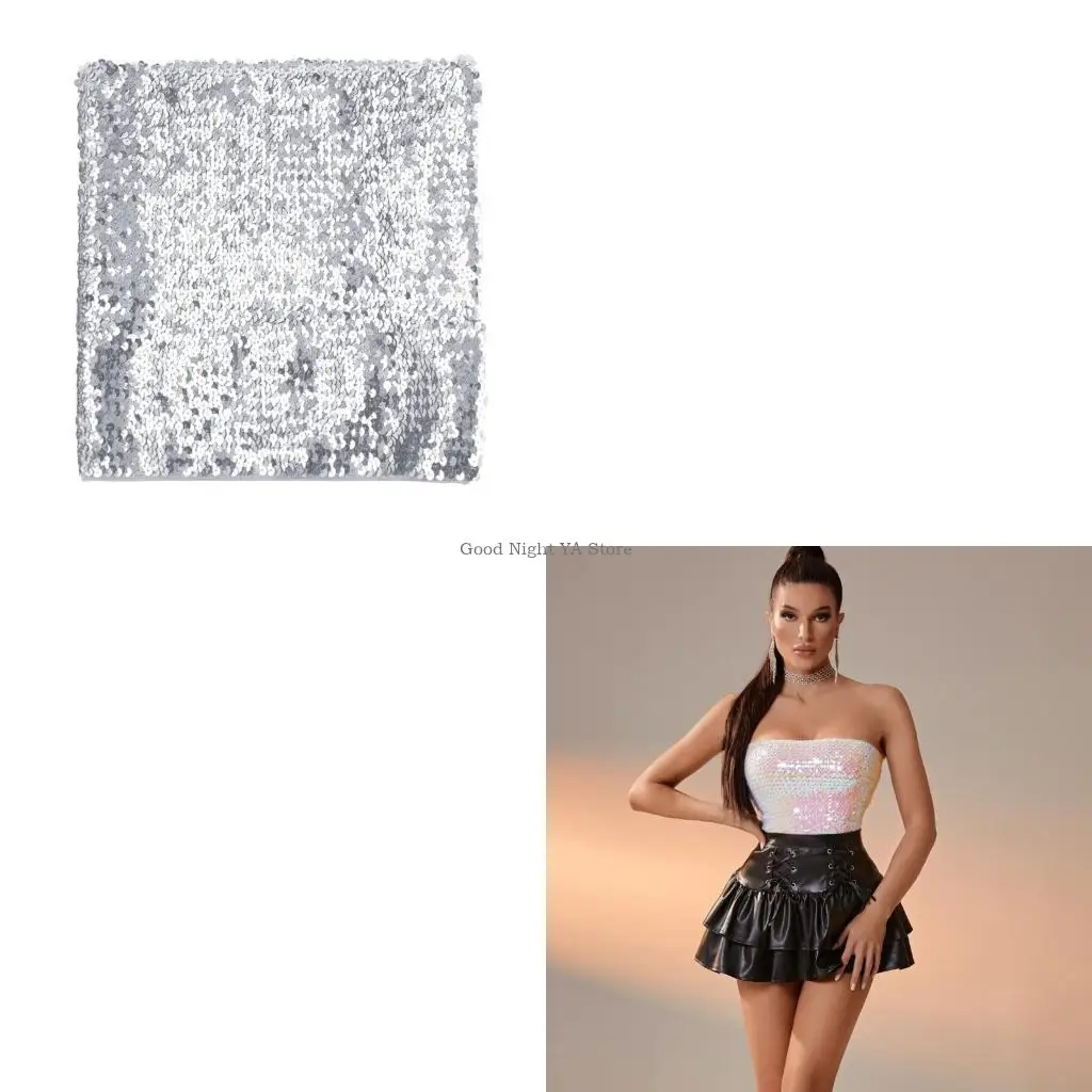 Women Sparkly Sequins Tube Top Strapless Off Shoulder Glitter Metallic Bandeau