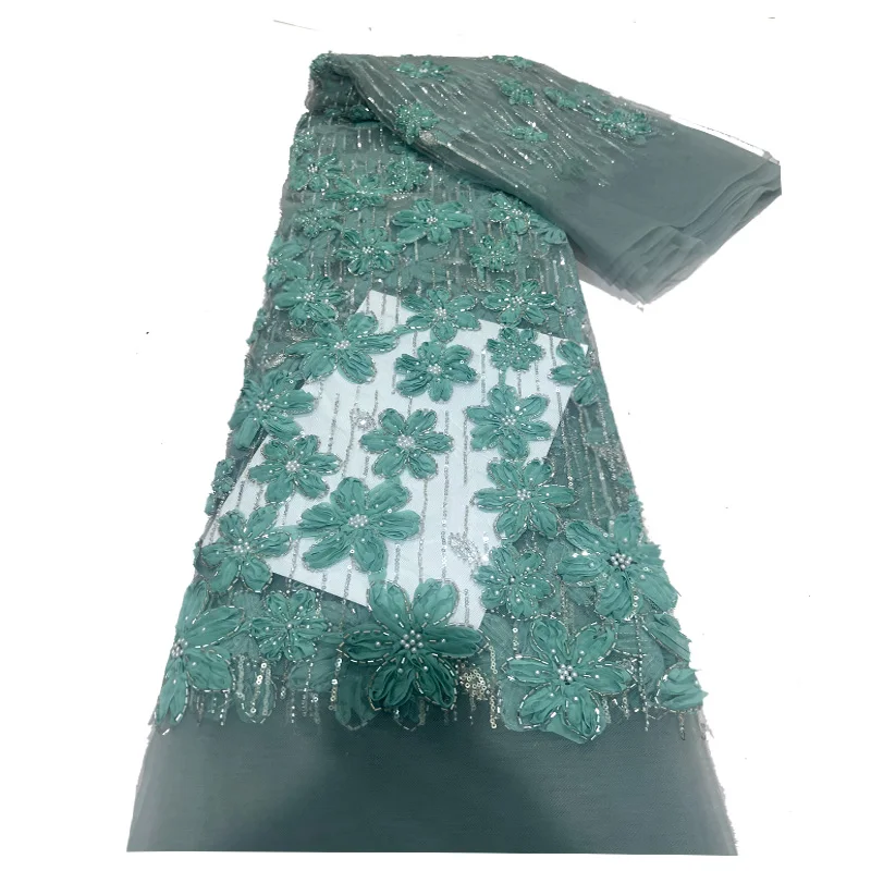 Tela de encaje de malla bordada 3D hecha a mano africana, tela de encaje con cuentas de lentejuelas francesas 2025, vestido nigeriano, vestido de boda para mujer