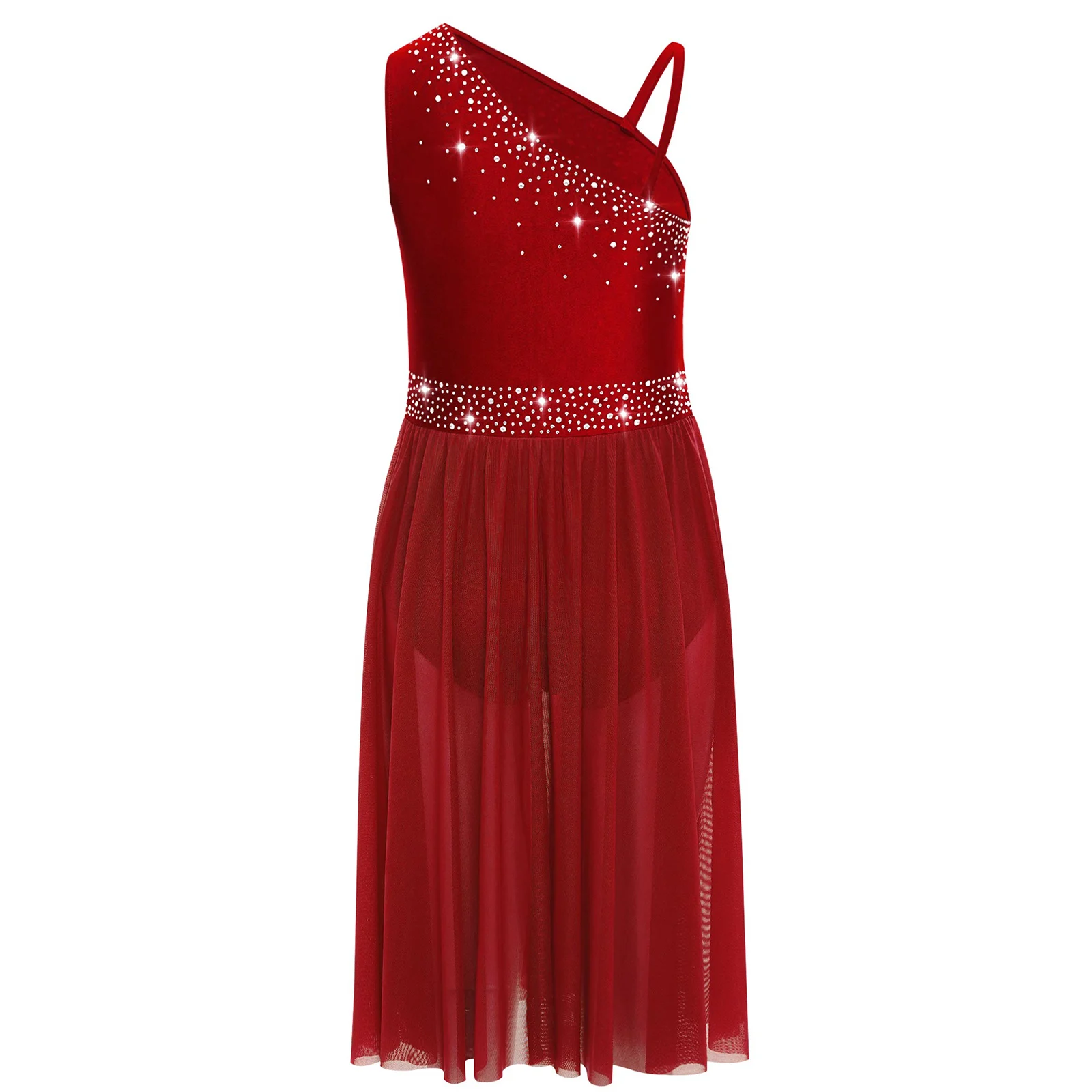 Vestito da ballo lirico per ragazze, monospalla, senza maniche, in rete trasparente, con strass, ginnastica, balletto, body, vestito da pattinaggio di figura