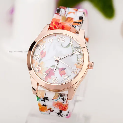 Imagen 2 del producto Relojes de pulsera de silicona para niña, reloj informal con flores, estampado de cuarzo, correas de reloj de cuero para mujer o mujer, relojes iluminados para mujer