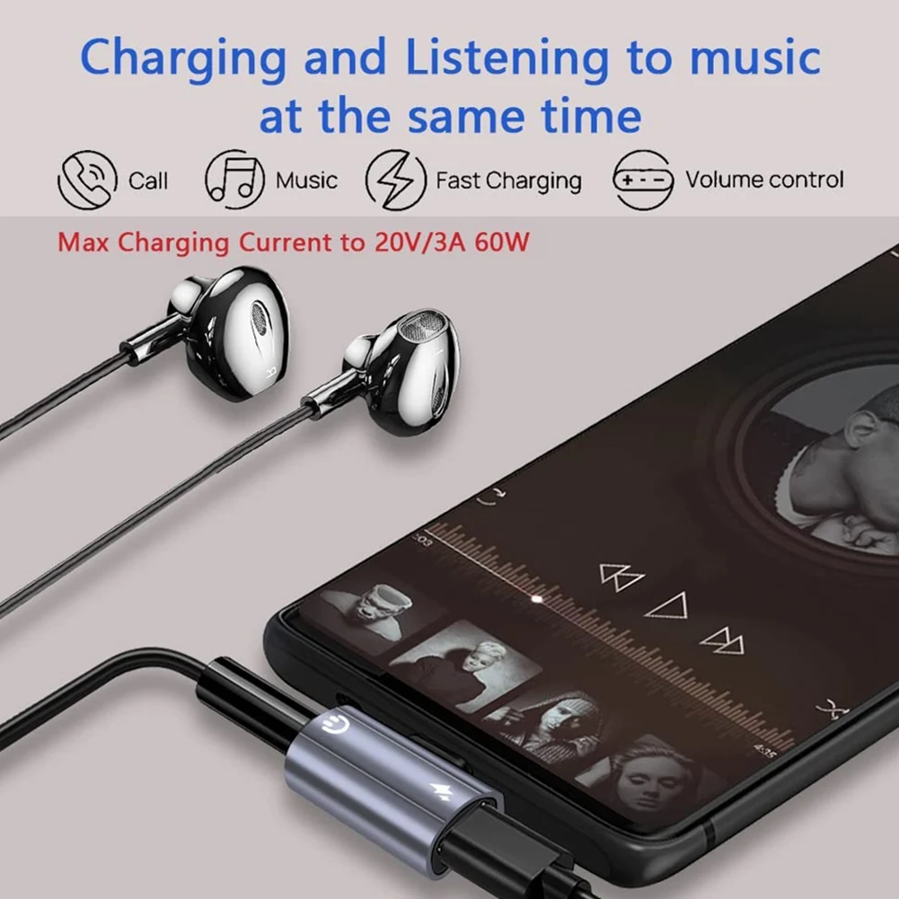 2In1 Headphone Converter Adapter,USB C To 3.5Mm Audio and Charging Adapter with PD 60W Fast Charge for Sam Sung S22 S21