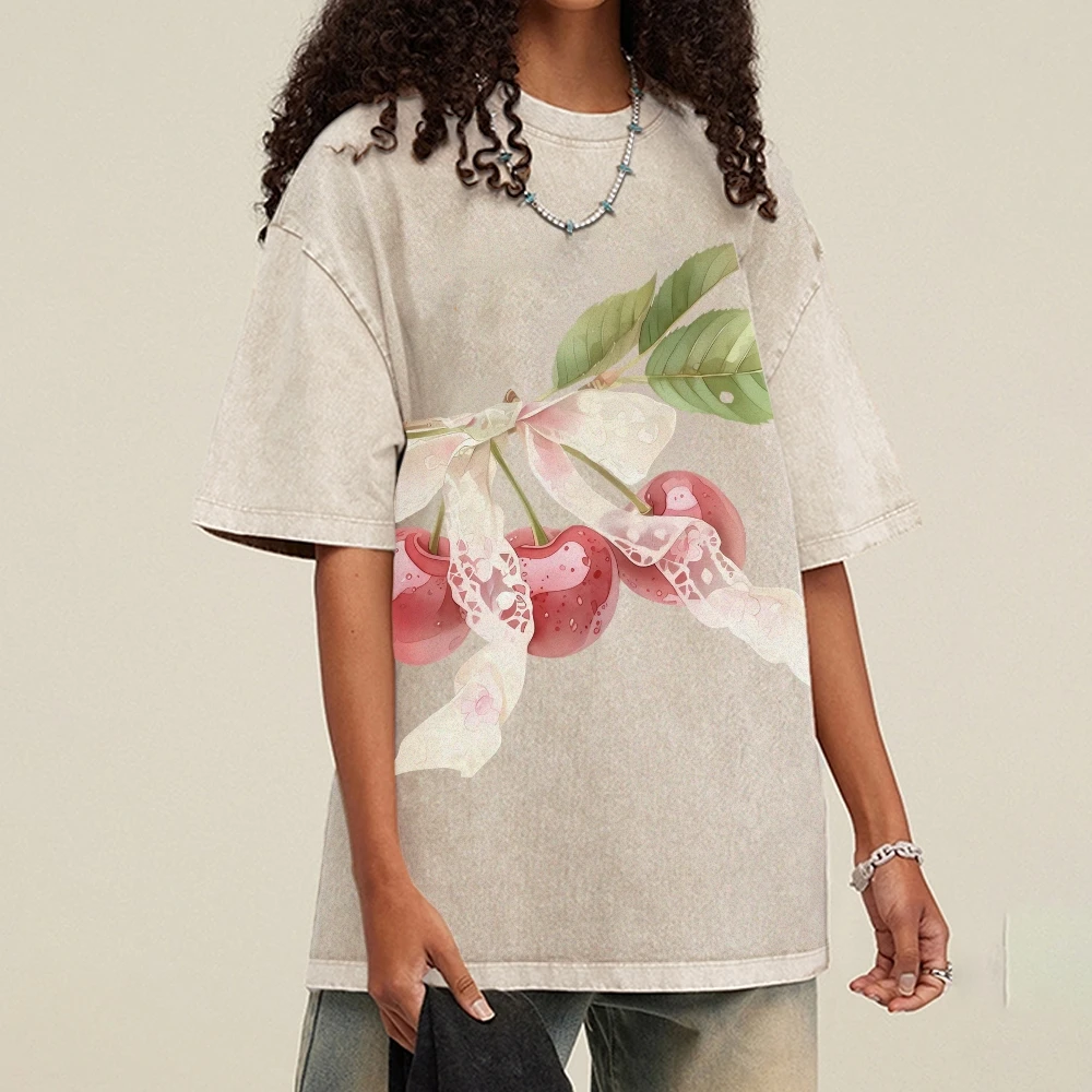 

Y2K Graphic Tees Cherry Ribbon Tee Premium Cotton High Quality Oversize Light Tee Cherries With Pink Ribbon Sweet Y2K Style