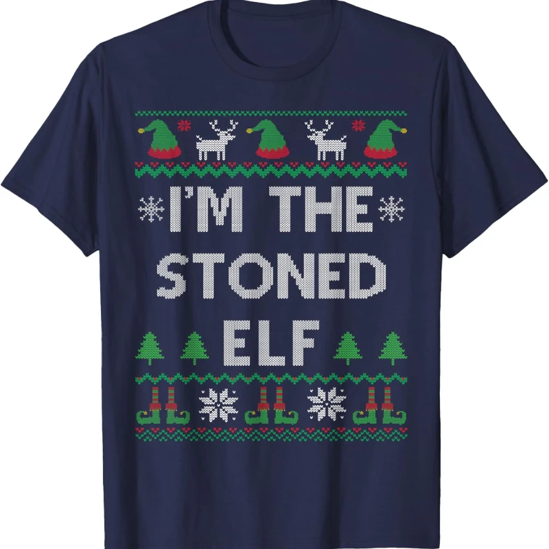 I'm The Stoned Elf Lover Ugly Christmas Pajama Simple Letters Print T-Shirt Unisex Casual Style Crewneck Regular Short Sleeve