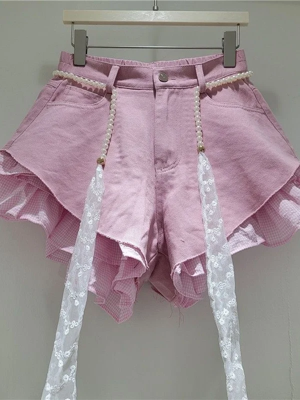 

Outlet Personalized Sweet And Spicy Plaid Hem Wide Leg Short Pants Elastic Waist Korean Style Summer Commute High Waist