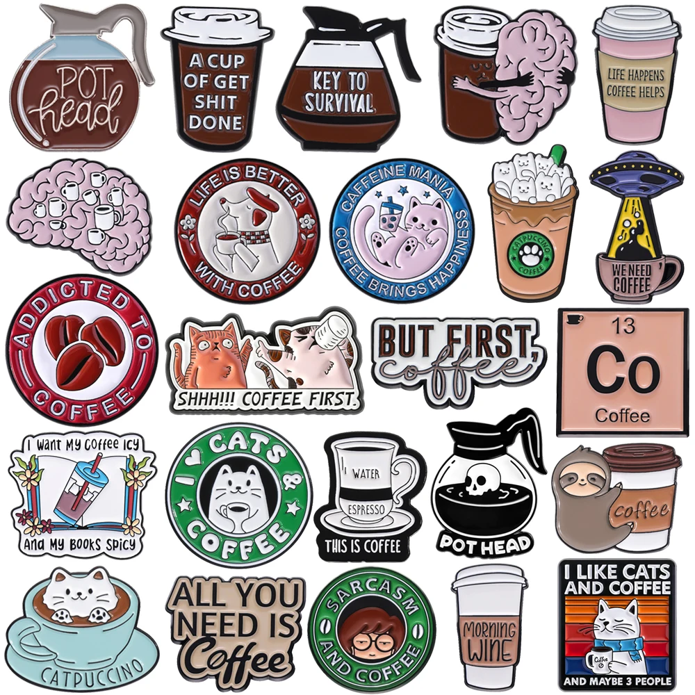 Personal Coffee Series Enamel Brooch Lapel Pin Coffee Pot Brain Dog Cat Spaceship Letter Need Coffee Cartoon Metal Badge Jewelry
