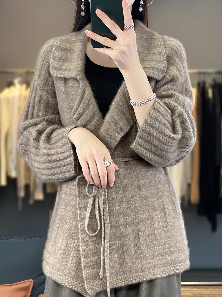 

Women Cashmere Knitwear Coat Cardigan 100% Merino Wool Sweater Autumn Winter Thick Warm Turn-down Collar Loose Female Clothing