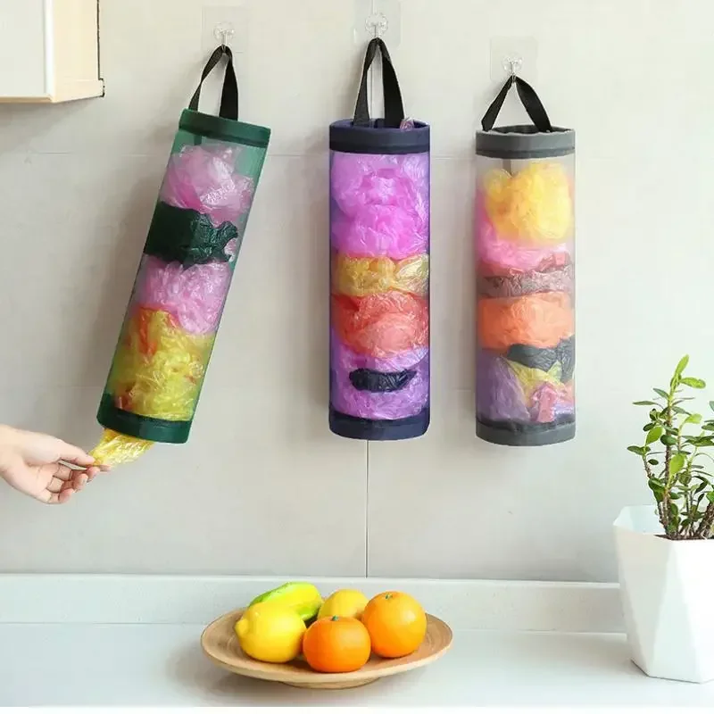 Plastic Storage Bag with Handle Wall Mount Grocery Bag Holder Dispenser Hanging Garbage Bag Home Kitchen Garbage Organizer